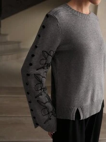 ZEYLAH 女士休闲花卉刺绣纽扣装饰喇叭袖宽松针织毛衣，秋冬 - 灰色 - 查看 2