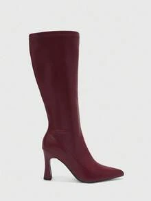 CUCCOO BIZCHIC 勃艮第尖头高跟过膝靴，弹力修身女式休闲/工作秋冬高筒靴 - 酒紅色 - 查看 1