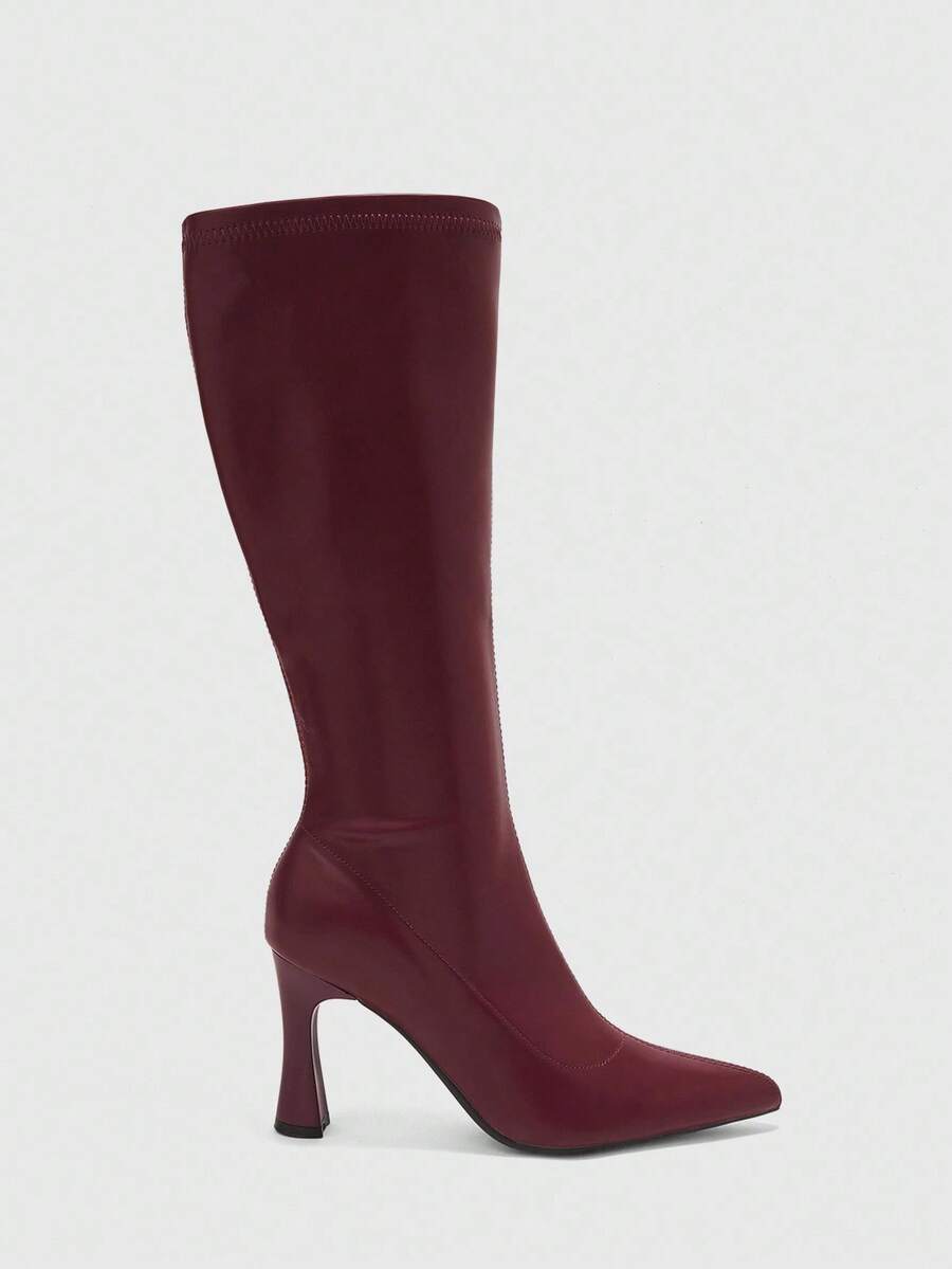 CUCCOO BIZCHIC 勃艮第尖头高跟过膝靴，弹力修身女式休闲/工作秋冬高筒靴 - 酒紅色 - 查看 1