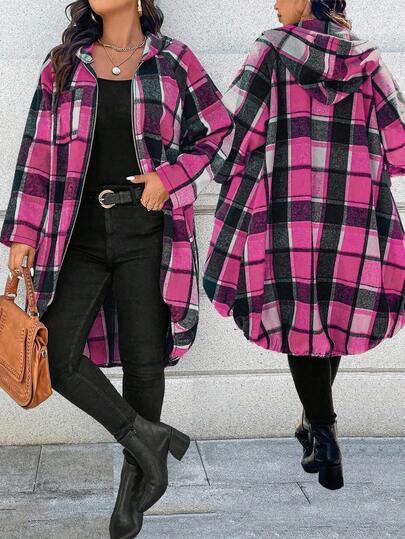 Calvaya Plus Size Printed Asymmetrical Raglan Sleeve Front Zipper Hooded Long Plaid Jacket For Women Winter Fall Autumn Checkered Clothes Women Fall Clothes