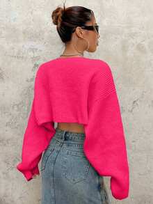 EURMUSE Y2K Grunge Drop Shoulder Open Front Crop Cardigan Without Tube Top - Hot Pink - View 8