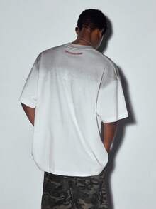 MODCRASH Men's Summer Handmade Spray Painted Slogan Print Round Neck Loose Casual T-Shirt, Streetwear, Graphic Tee Spring To Summer - White - View 3