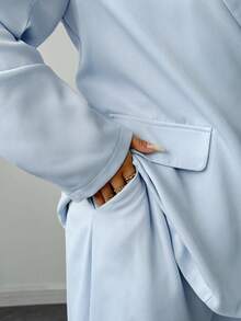 Elenzga Plus Size Women Elegant Solid Color Tie-Up Blazer Suit Set, Suitable For Commuting, Autumn/Winter Fall Cloth For Women - Baby Blue - View 7