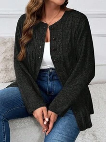Cárdigan de punto de cable de un solo botonadura para mujer de talla grande, unicolor casual y versátil para otoño/invierno - Gris Oscuro - Ver 3