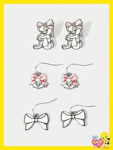 LOONEY TUNES X SHEIN Cute Bow & Cartoon Cat Pattern Earring Set