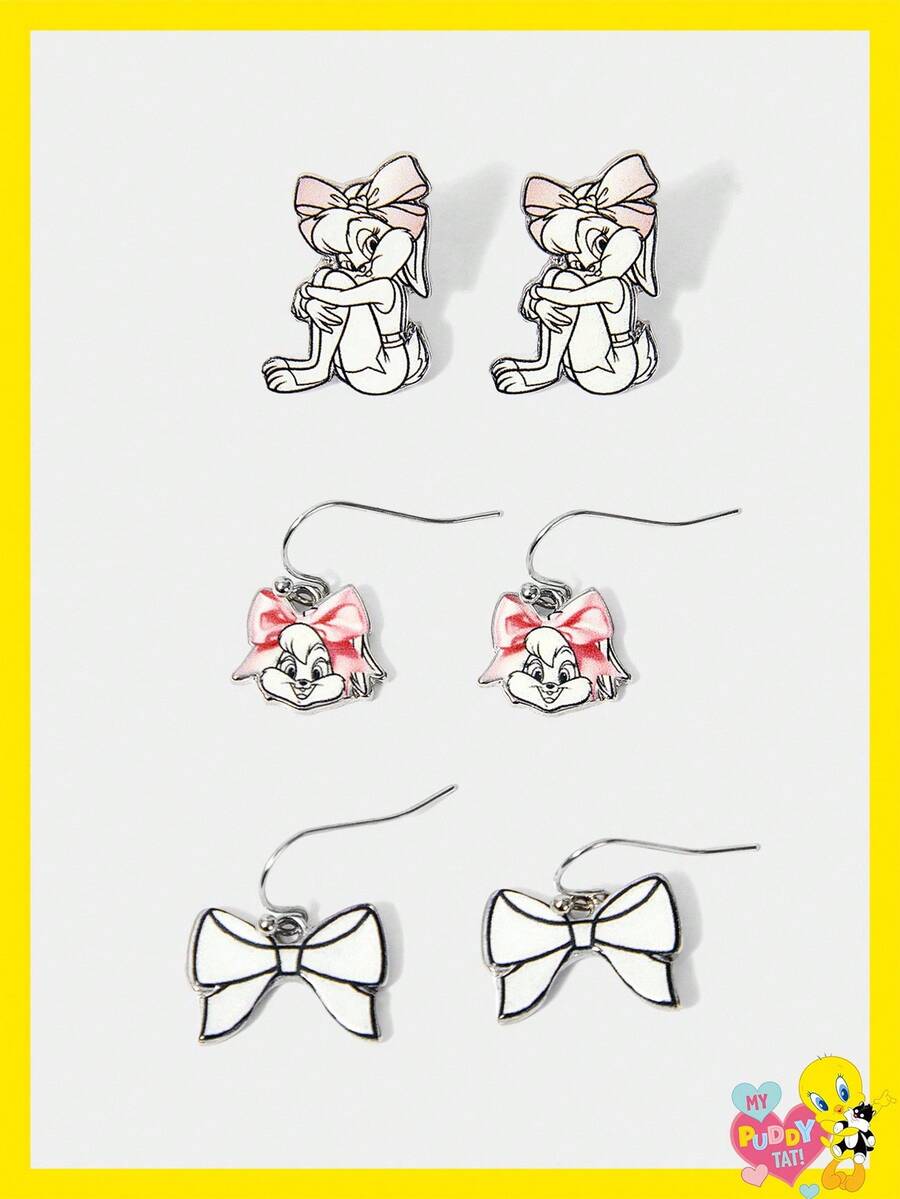 LOONEY TUNES X SHEIN Cute Bow & Cartoon Cat Pattern Earring Set
