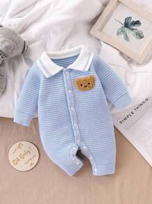 SHEIN Vintaside Kids 男宝宝时尚可爱百搭卡通熊毛衣爬行服针织连体衣 - 淺藍色 - 查看 1