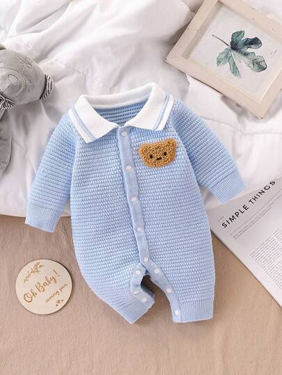 SHEIN Vintaside Kids 男宝宝时尚可爱百搭卡通熊毛衣爬行服针织连体衣