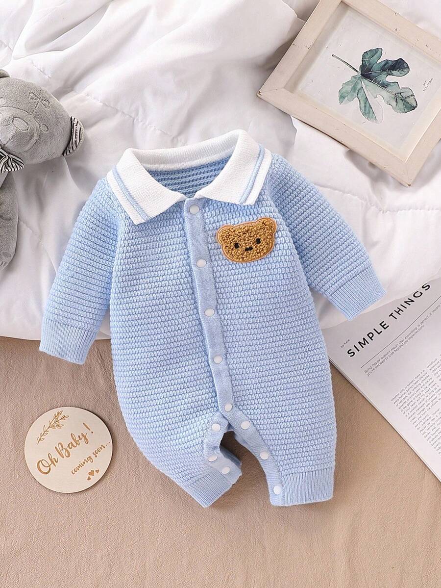 SHEIN Vintaside Kids 男宝宝时尚可爱百搭卡通熊毛衣爬行服针织连体衣 - 淺藍色 - 查看 1