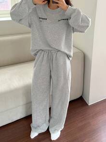 DAZY 女士字母印花装饰宽松运动衫睡衣套装，秋冬装，秋季服装，舒适服装 - 灰色 - 查看 3