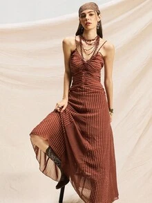 Easelle 复古游牧风格女式拼布波尔卡圆点荷叶边腰部 A 字形连衣裙 - 棕色 - 查看 7
