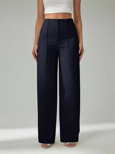 SHEIN Tall Pantalones de traje de verano para damas en beige claro, pantalones azul marino elegantes y apropiados para ir al trabajo o citas, pantalones de cintura alta, pantalones de pierna ancha, pantalones de vestir para mujer con pliegues, pantalones elegantes para mujer, para otoño