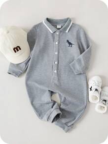 SHEIN Newborn Baby Boy/Girl Cute Cartoon Pattern Polo Collar Long Sleeve Romper, Autumn/Winter Baby Boys Outfit Baby Golf Outfit Baby Boy Going Home Outfit Baby Boy Dinosaur Outfit Fall