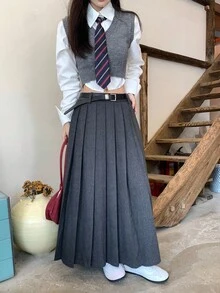 DAZY Chân váy xếp ly màu trơn dành cho nữ, kiểu dáng thường ngày, thích hợp cho mùa thu. - Xám - Xem 9