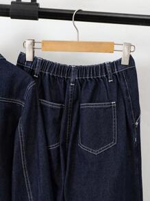 SHEIN 2pcs/Set Teen Girl Navy Blue Denim Lapel Long Sleeve Cropped Jacket & Pleated Wide Leg Pants,Korean Style Denim Set, Two Piece Denim Set, Wide Leg Jeans Kids Jean 2 Piece Set Fall Winter