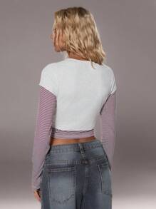 TRNVIE 1pc Women's Gray Round Neck Striped Patchwork Casual T-Shirt, Autumn