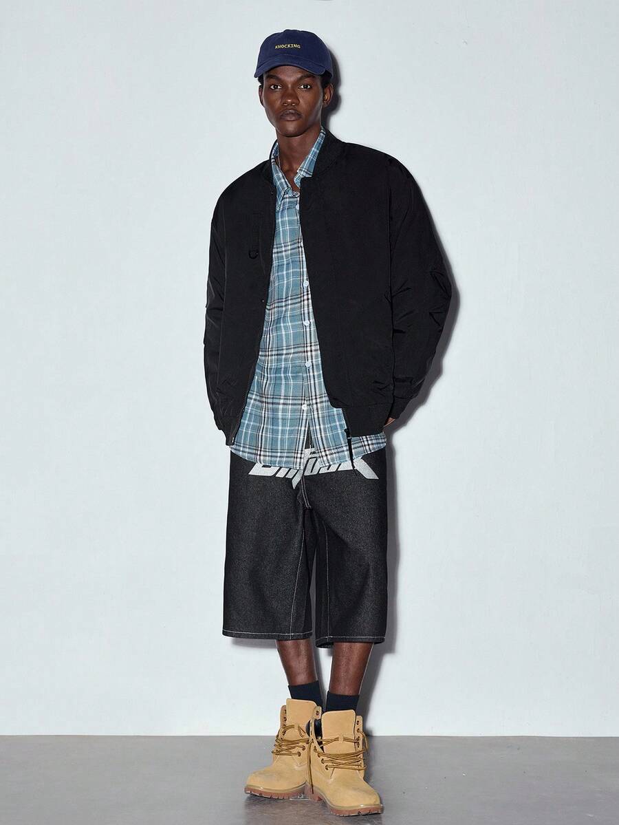 MODCRASH 男士拉链飞行员夹克，适合日常穿着、街头服饰，秋季、冬季、春季到夏季，复古美式风格，男女皆宜，宽松版型夏季服装——适合日常穿着和夏季度假服装。 - 黑色 - 查看 1