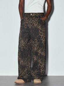 MODCRASH 男士复古豹纹牛仔宽松直筒裤，街头时尚，牛仔裤，秋冬款 - 棕色 - 查看 2