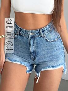 SHEIN Cottnline شورت جينز نسائي بخصر عالي ممزق مع جيوب - أزرق متوسط - مشاهدة 1