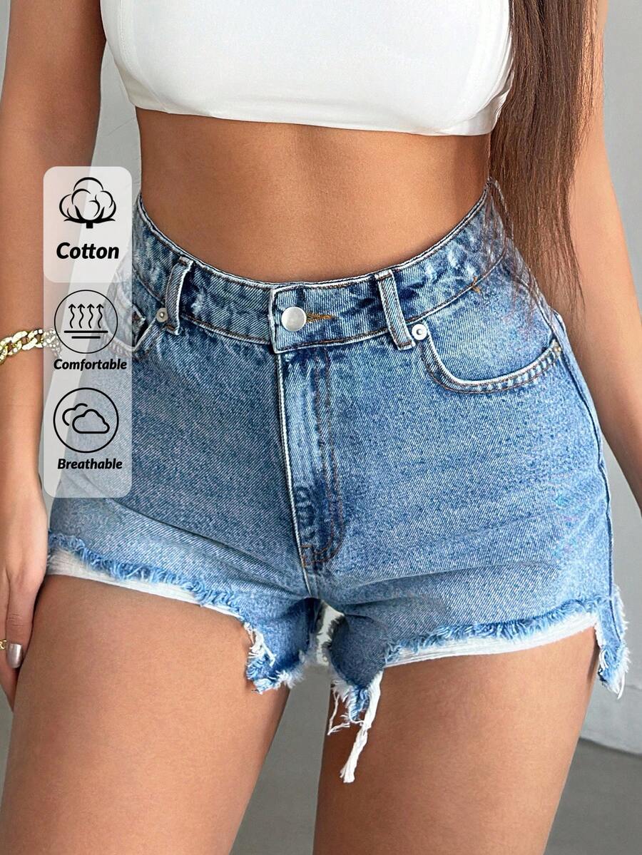 SHEIN Cottnline شورت جينز نسائي بخصر عالي ممزق مع جيوب - أزرق متوسط - مشاهدة 1