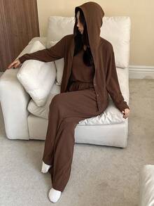 DAZY 3pcs Solid Color Comfortable Hooded Button Placket Top, Tank Top And Pants Women Lounge Set, Fall Winter Clothes - Coffee Brown - View 1