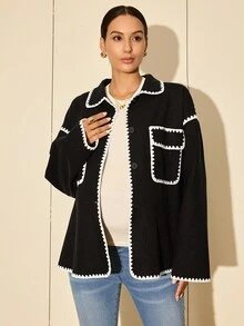 MaterniWear 孕妇装、工作装、商务休闲装、秋季宽松长袖纽扣外套，适合日常穿着 - 黑色 - 查看 5