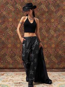 Easelle PU Pants With Silver Hot Five-Pointed Star Shape Autumn And Winter Trousers Women's Cool Autumn Clothes PU Trousers With Rivet Details Five-Pointed Star Rivet Fall Clothes Women - Black - View 4