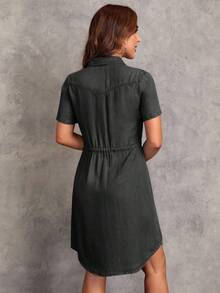 SHEIN LUNE 女式夏季休闲抽绳腰前扣牛仔效果连衣裙 - 黑色 - 查看 2