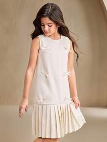 SHEIN Girls Elegant Sweet Sleeveless Mini Dress, Layered Ruffle Hem, White Bow Accent, Suitable For Summer, Luxury Party - Apricot - View 4