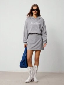 Hanevo Women's Casual Letter Embroidery Drawstring Hooded Sweatshirt Dress Fall Cloth For Women - Grey - View 4
