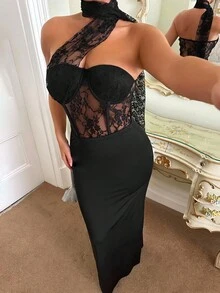 SHEIN SXY Lace Patchwork Halter Sexy Bodysuit, Black See Through , Black Lace Bodysuit,Party ,Going Out,Lace,Corset,Halloween,Club Outfits Women Sexy, Y2k,Date Night Dress