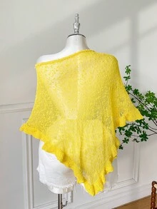 Comfortcana Plus Size Women's Yellow Ruffled Hem Semi-Sheer Casual Crochet Poncho For Summer And Autumn Outings & Dates
