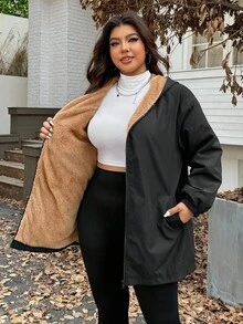 SHEIN EZwear Veste décontractée à capuche à fermeture éclair pour femmes grande taille, manches longues, automne/hiver. Vêtements pour femmes élégants, noirs, à manches longues, avec ceinture, capuche, pour le travail, les rendez-vous, les sorties, les fêtes, les invités de mariage, chic, doublure thermique, Noël - Noir - Voir 8