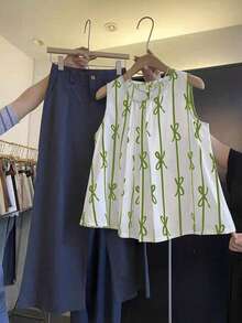 Franclia Bowknot Striped Print Pleated Sleeveless Shirt