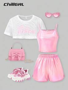 SHEIN Explorewe 2pcs/Set Tween Girl Mesh Hoodie, Holographic Camisole And Shorts Set - Pink - View 1