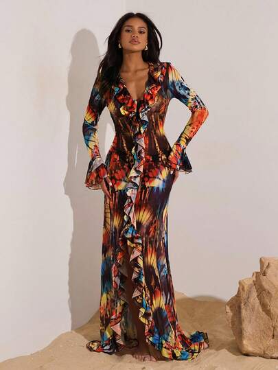 Opulessa Vacation Knit Mesh Print V-Neck Long Sleeve Dress For Women, Ruffle Dress, Long Sleeve Maxi Dress, Multi Color Dress, Fall Dresses For Women, Long Party Dresses, Chic Dress,Halloween Christmas Dress