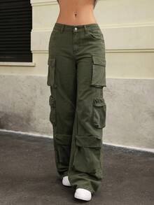 Jeanoix Solid Color Pocket Casual Versatile Wide Leg Jeans - Army Green - View 7