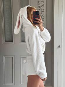 CovetEZ 2pcs/Set Women's Autumn And Winter Christmas/Halloween Home Sweet And Cute Casual White Plush Rabbit Ears Cute Tail Plush Jacket And Plush Shorts, White Home Sweet And Cute