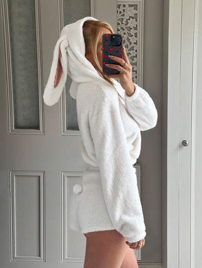 CovetEZ 2pcs/Set Women's Autumn And Winter Christmas/Halloween Home Sweet And Cute Casual White Plush Rabbit Ears Cute Tail Plush Jacket And Plush Shorts, White Home Sweet And Cute