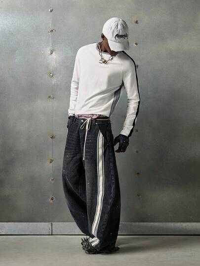 NEON BLANC Camiseta casual de hombre con parches, cuello redondo y mangas raglán, otoño