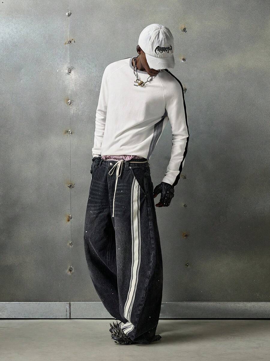 NEON BLANC Men's Casual Patchwork Side Round Neck Raglan Sleeve Top, Autumn - White - View 1