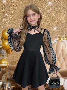 SHEIN Vestido de mangas largas con volantes en la cintura, con estampado de lunares, parche de malla y unicolor para niña preadolescente, adecuado para Navidad, fiestas, Año Nuevo, temporada de graduación, vestido negro, Acción de Gracias. - Negro - Ver 11