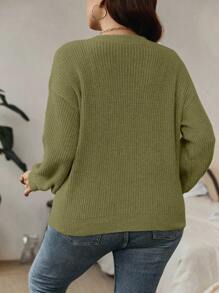 SHEIN LUNE Sweater Kasual Ukuran Besar Warna Polos Leher V Bahu Jatuh, Pakaian Musim Gugur/Dingin untuk Wanita - Hijau - View 2