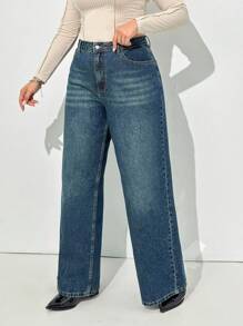 EURMUSE Plus Mid Waist Slant Pocket Wide Leg Boyfriend Jeans - Medium Wash - View 5