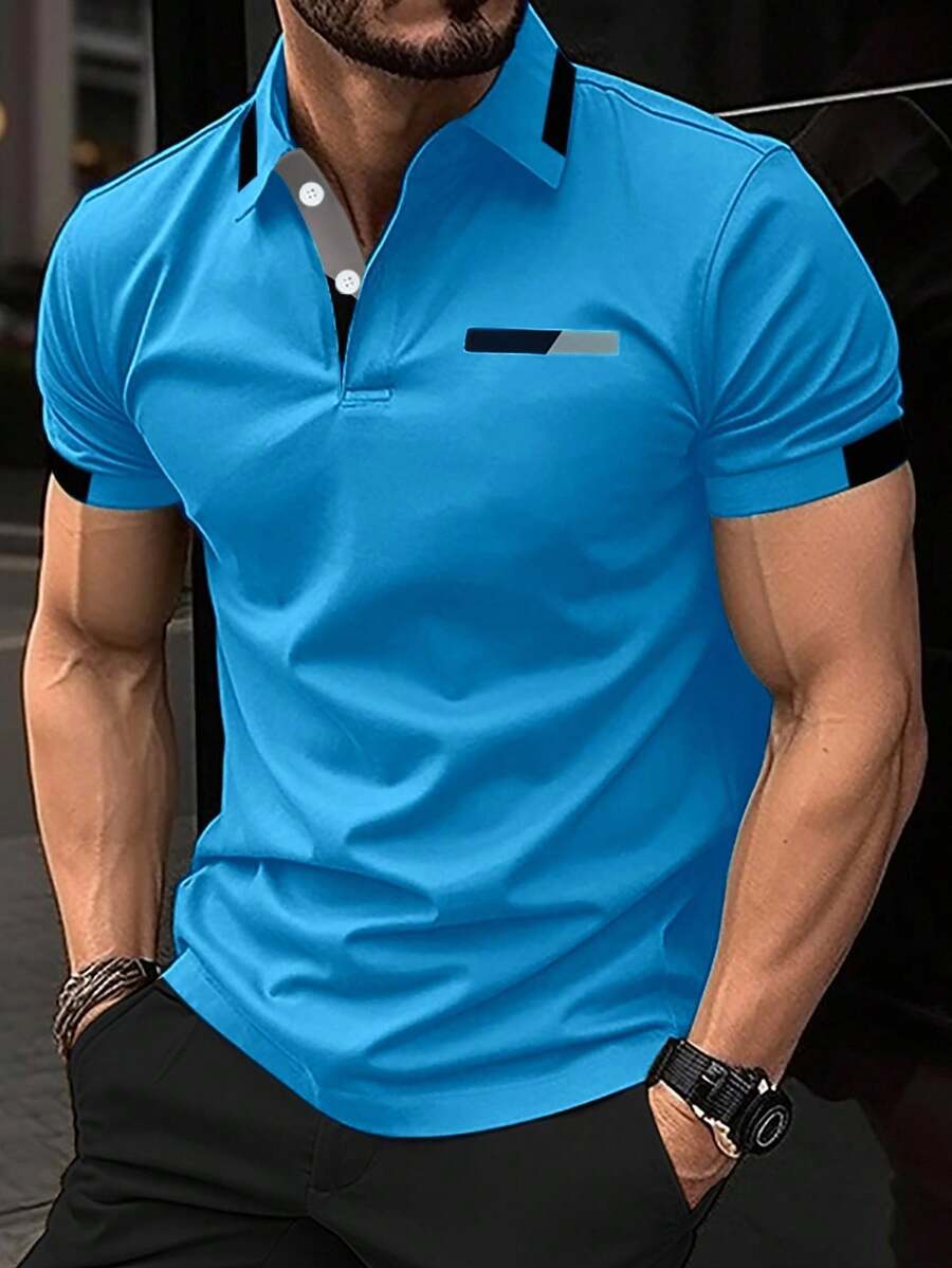 Manfinity Homme Áo thun nam tay ngắn cài nút phía trước màu trơn thường ngày - Màu xanh ngọc - Xem 1