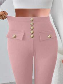 SHEIN Unity Women's Solid Color Metal Button Waist Design Skinny Casual Pants Fall Cloth For Women - Pink - View 7