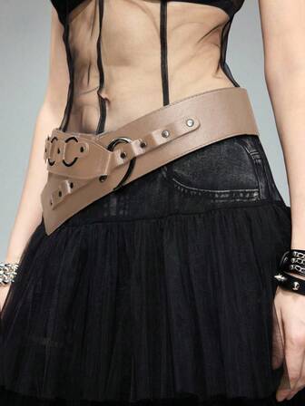Grunge Punk 1 pieza Cinturón ancho de cintura de estilo punk de metal asimétrico en beige, cinturón con hebilla de metal remachado de moda retro Y2K, accesorio decorativo personalizado para la cintura