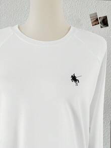 INAWLY Women's Casual Solid Color Knight Embroidered Round Neck Long Sleeve T-Shirt Fall Cloth For Women - White - View 4