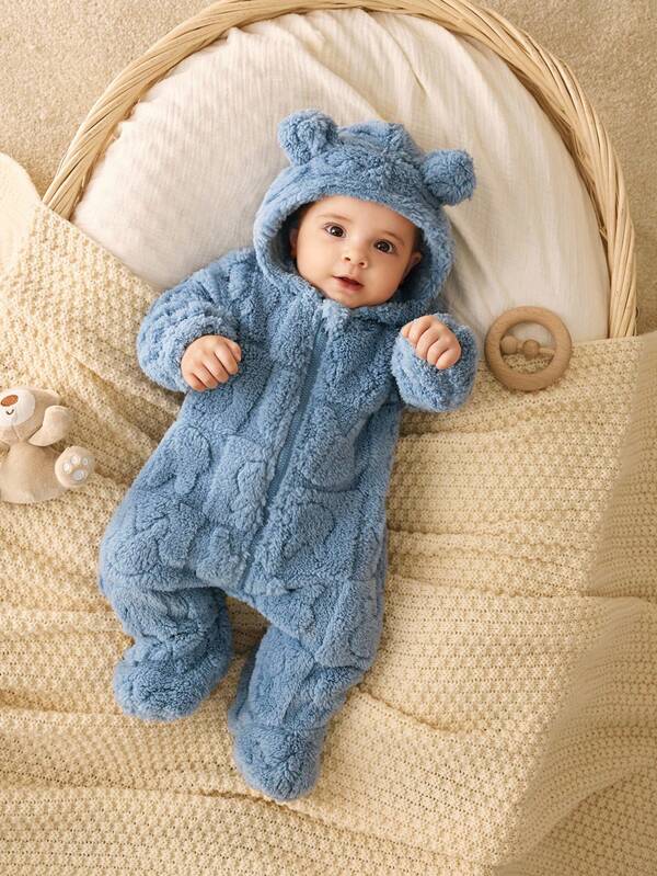 SHEIN Newborn Baby Boy/Girl Cute Cartoon Pattern Fluffy Hooded Footie, Suitable For Autumn/Winter Indoor & Outdoor Warm Baby Clothes 0 3 Months Boy Winter Baby Coat Jumpsuit Fall