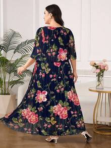 Reflora Vestido de verano elegante de gasa plisada con estampado geométrico para tallas grandes